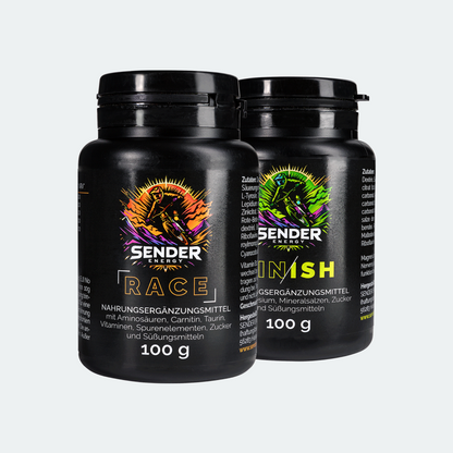 SENDER ENERGY RACE und FINISH im Bundle. Energie-Boost und Regeneration für Extremsport und Mountainbiking