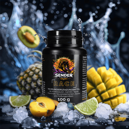 SENDER ENERGY RACE Energy Drink: Tropischer Geschmack mit Ananas, Mango und Limette. Vegan, koffeinfrei und ideal für Extremsportler.