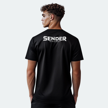 Schwarzes SENDER ENERGY T-Shirt mit Logo auf der Frontseite und Rückseite für Extremsport und Streetwear